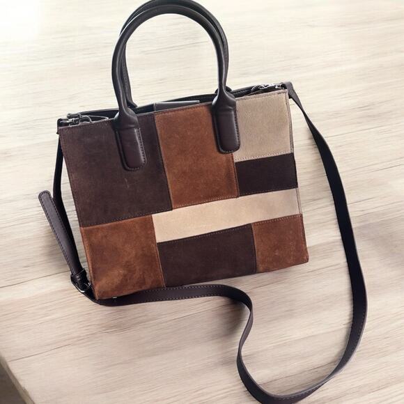 Giani Bernini Brown Leather Y2k Shoulder Bag Purse Classic Patchwork Suede - Picture 1 of 8